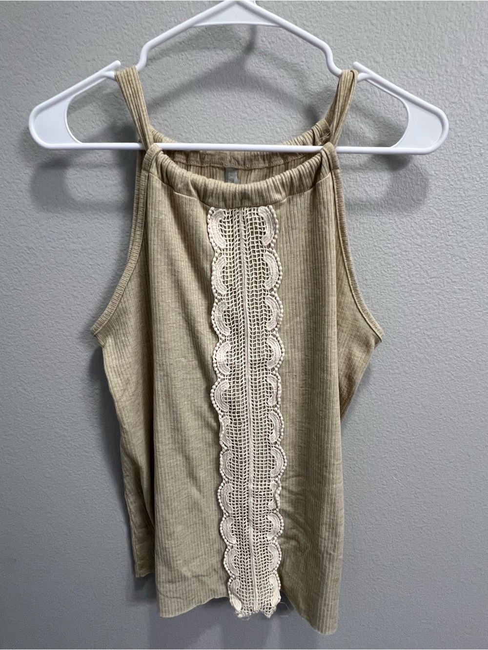Vanity Beige Ribbed Halter Tank with Crochet Trim